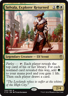 Selvala, Explorer Returned
 Parley — {T}: Each player reveals the top card of their library. For each nonland card revealed this way, add {G} and you gain 1 life. Then each player draws a card.